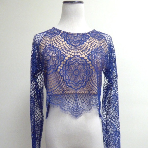 FOR LOVE & LEMONS Grace blue lace crop top new L - Picture 4 of 8